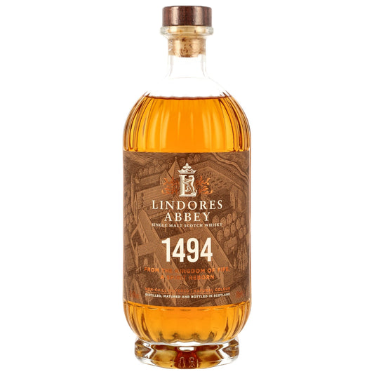 Schwarzbach Spirits bottle of Lindores Abbey 1494 Single Malt Scotch Whisky with a cork stopper and golden amber liquid.