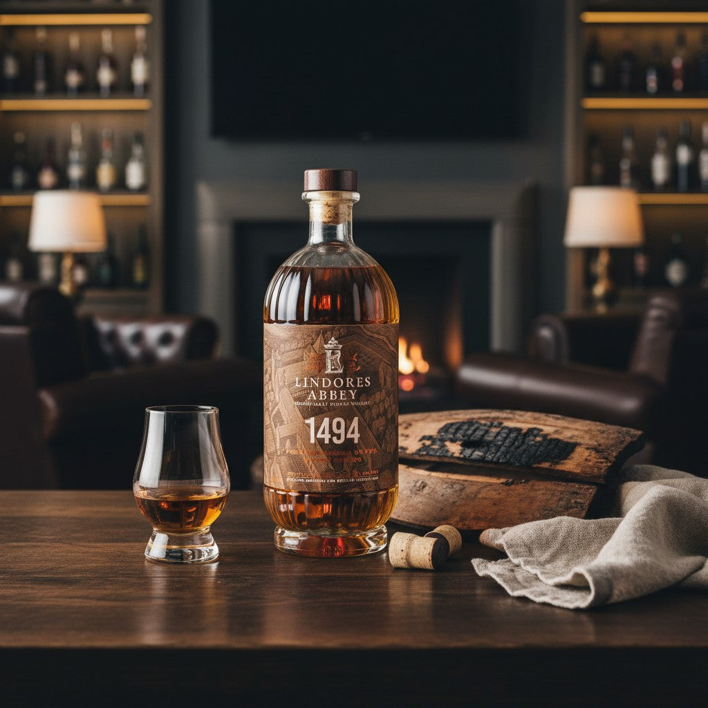 Schwarzbach Spirits Lindores Abbey 1494 Single Malt Whisky bottle with a glass on a wooden table in a cozy lounge.