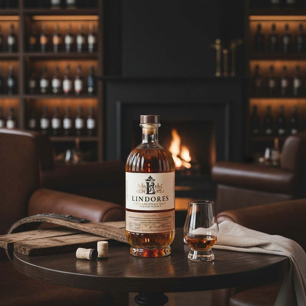 Schwarzbach Spirits Lindores Abbey 4 Year Old Exclusive Cask Bourbon single malt whisky bottle and glass on a table.