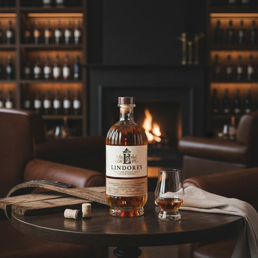 Schwarzbach Spirits Lindores Abbey 4 Year Old Exclusive Cask Bourbon single malt whisky bottle and glass on a table.