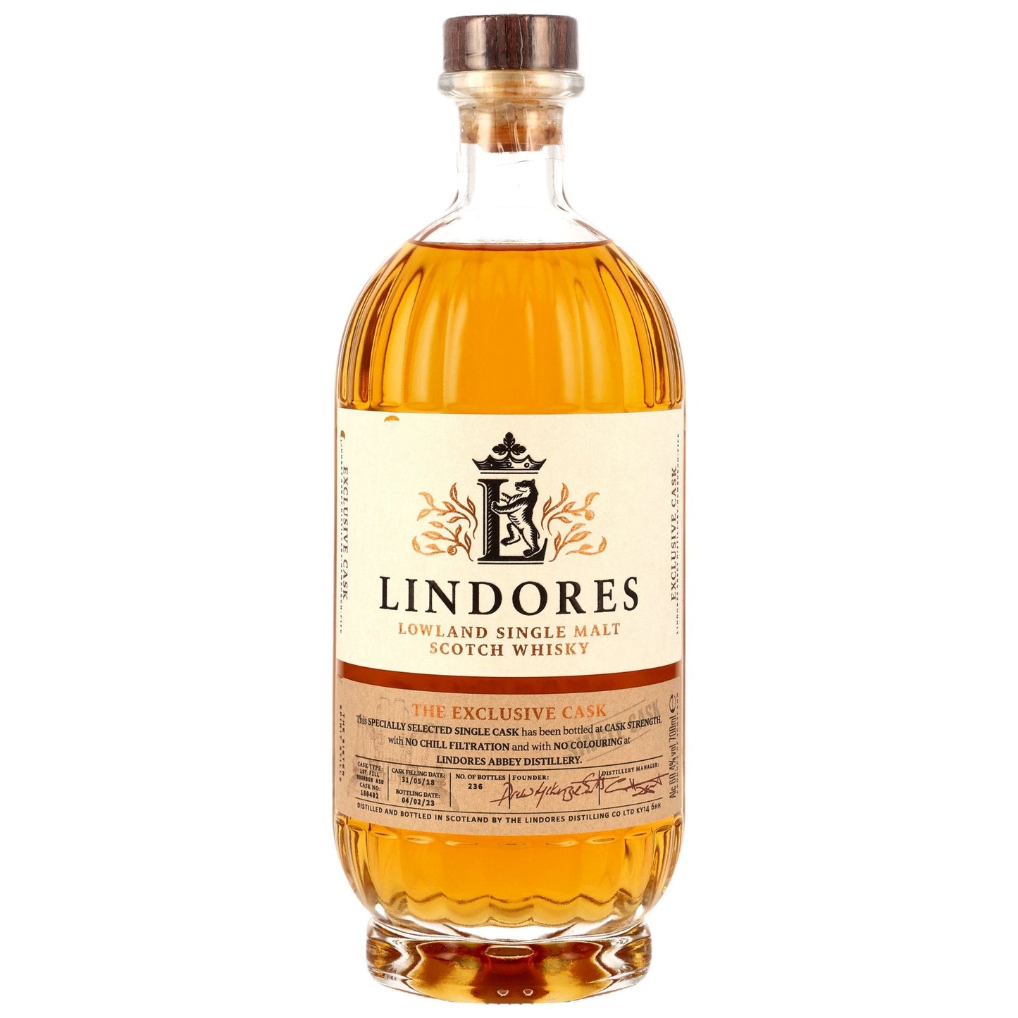 Schwarzbach Spirits Lindores Abbey 4 year old single cask Scotch whisky in a clear glass bottle with a cream label