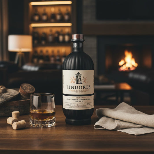 Schwarzbach Spirits Lindores Abbey Friar John Cor Chapter II whisky bottle and glass on a wooden table by a fireplace.
