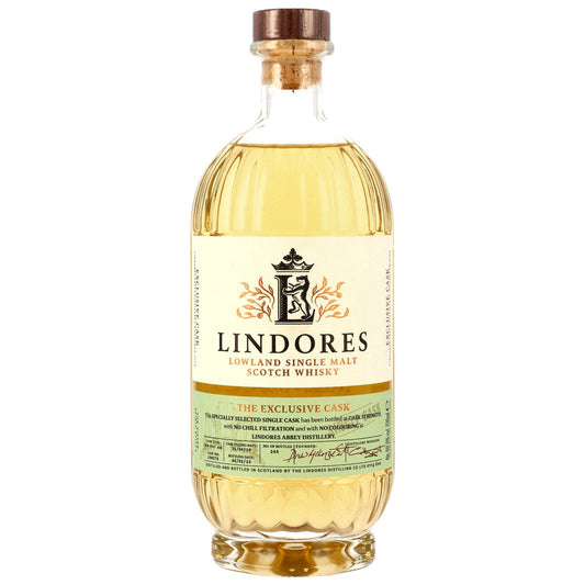 Schwarzbach Spirits bottle of Lindores Abbey 3 Year Old Exclusive Cask single malt Scotch whisky with cork stopper.