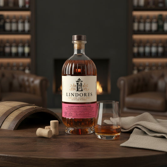 Schwarzbach Spirits Lindores Abbey Palo Cortado Sherry finish single malt whisky bottle with glass on wooden table