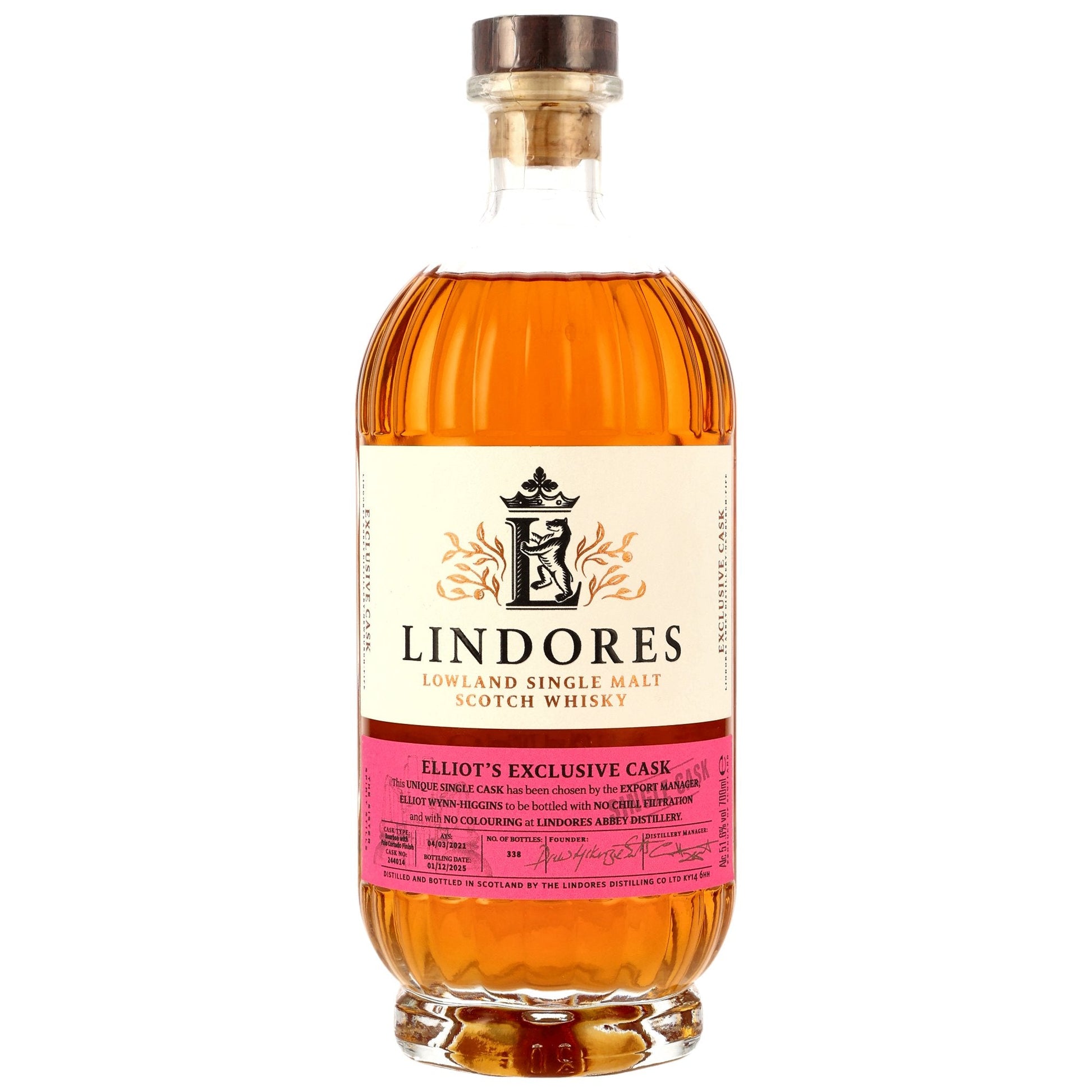 Schwarzbach Spirits bottle of Lindores Abbey Elliot's Exclusive Cask single malt whisky with Palo Cortado finish.