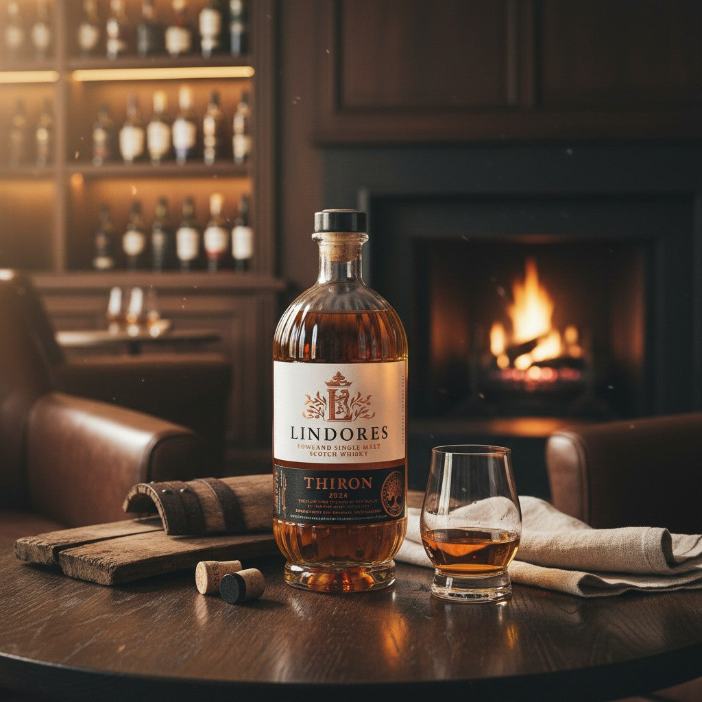 Schwarzbach Spirits bottle of Lindores Abbey Thiron 2024 Limited Edition whisky with a glass on a wooden table.
