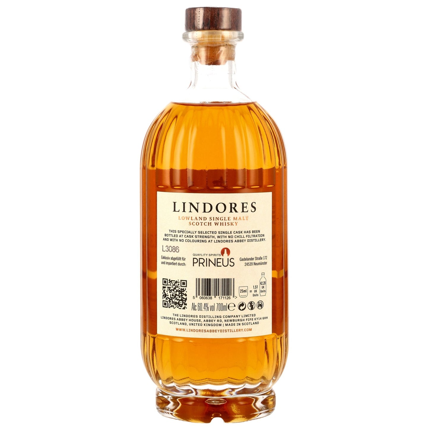 Schwarzbach Spirits Lindores Abbey 4 Year Old Single Cask Scotch Whisky bottle back label with product details