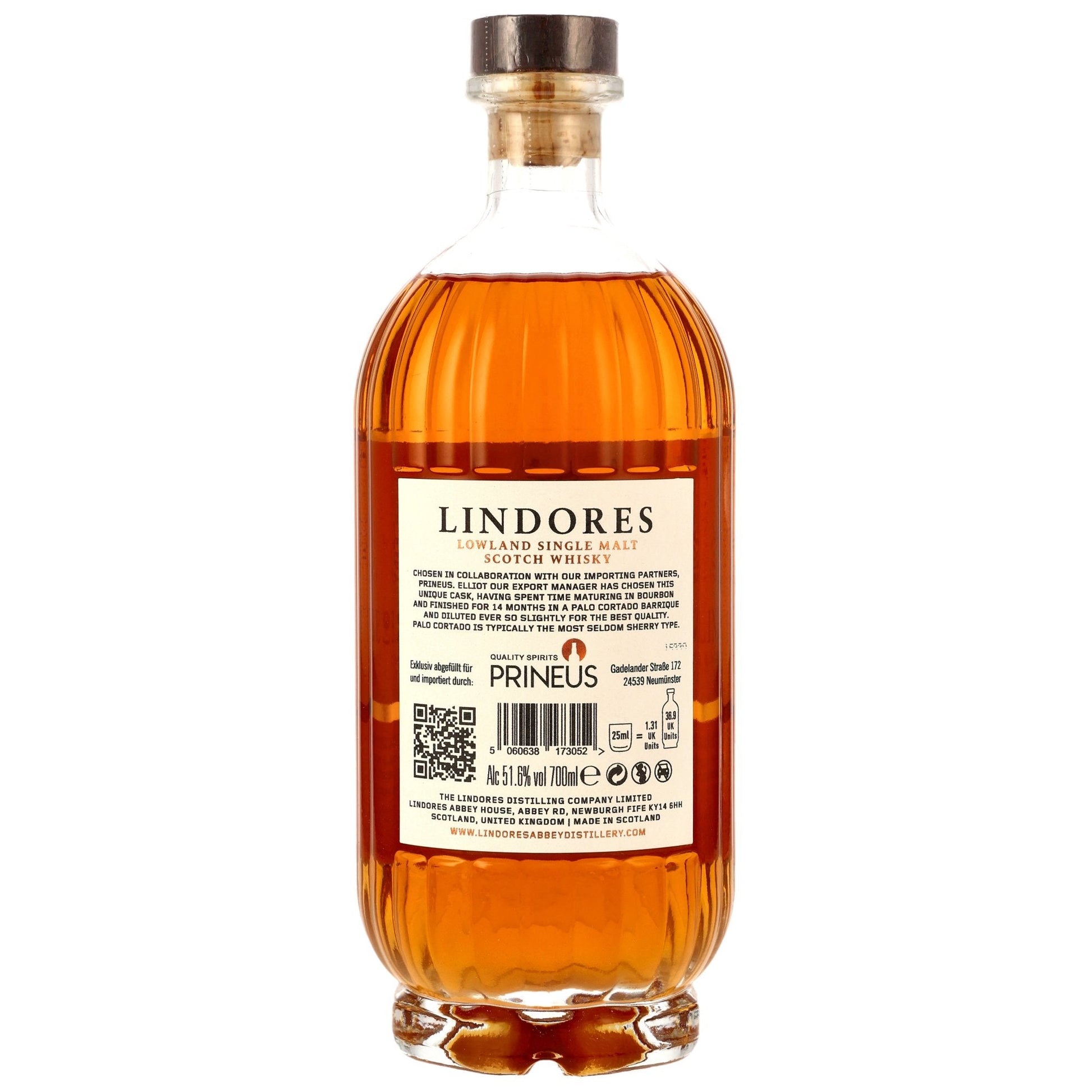 Schwarzbach Spirits bottle back label of Lindores Abbey 4 Year Old Single Malt with Palo Cortado Sherry finish details