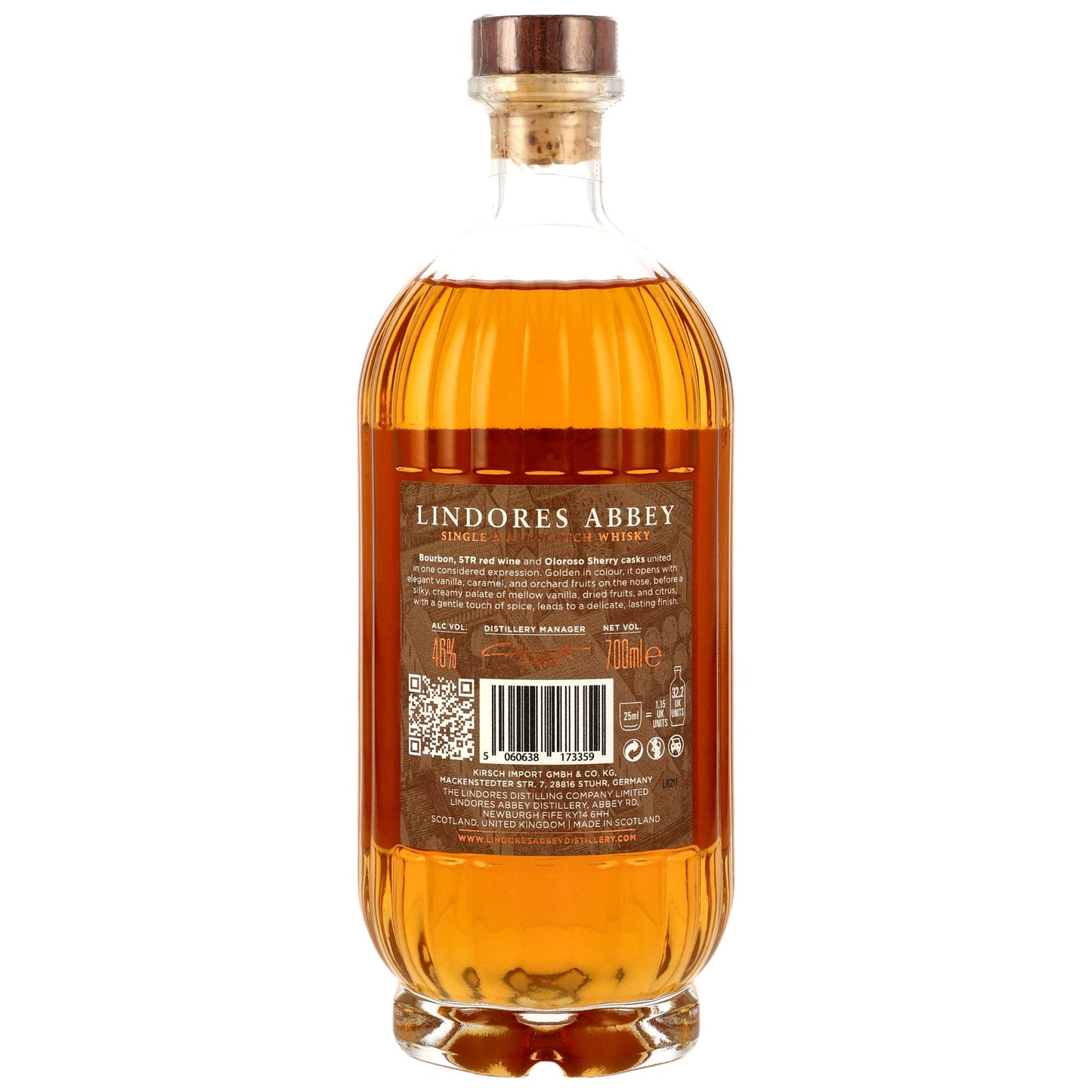 Schwarzbach Spirits Lindores Abbey 1494 Single Malt Whisky bottle, back view showing label details and golden liquid.