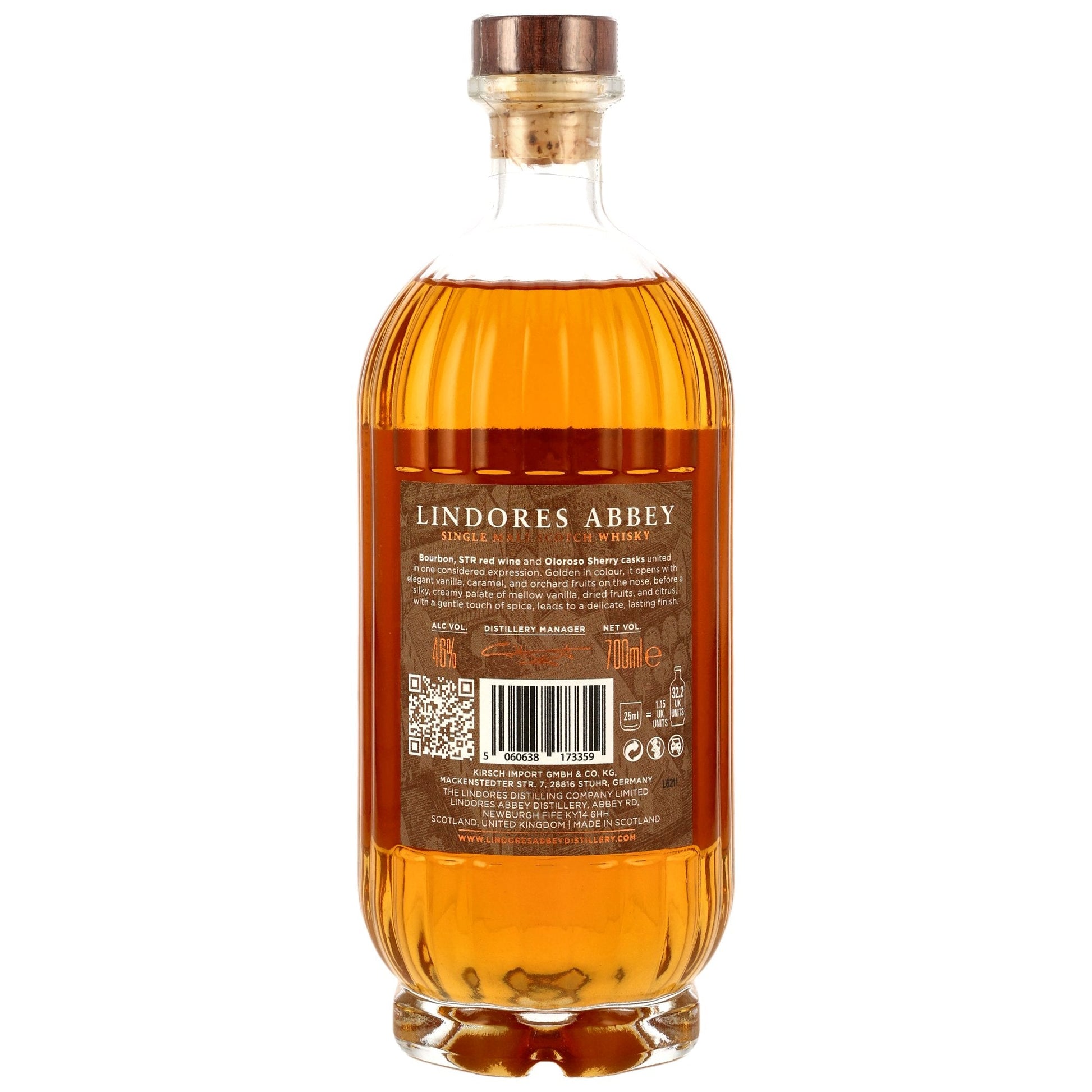 Schwarzbach Spirits Lindores Abbey 1494 Single Malt Whisky bottle, back view showing label details and golden liquid.