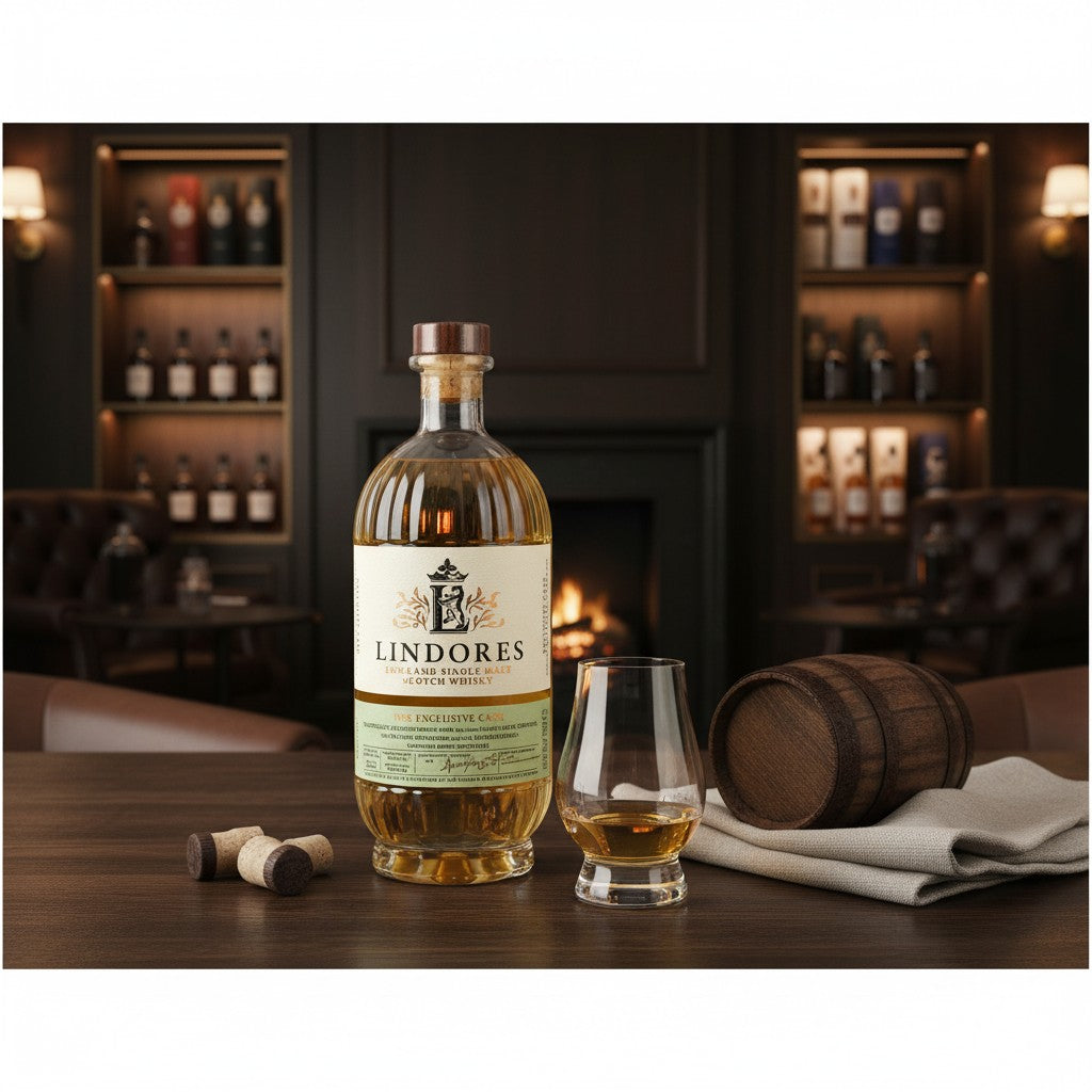 Schwarzbach Spirits bottle of Lindores Abbey 3-year-old single malt whisky with a glass and small wooden cask on a table.