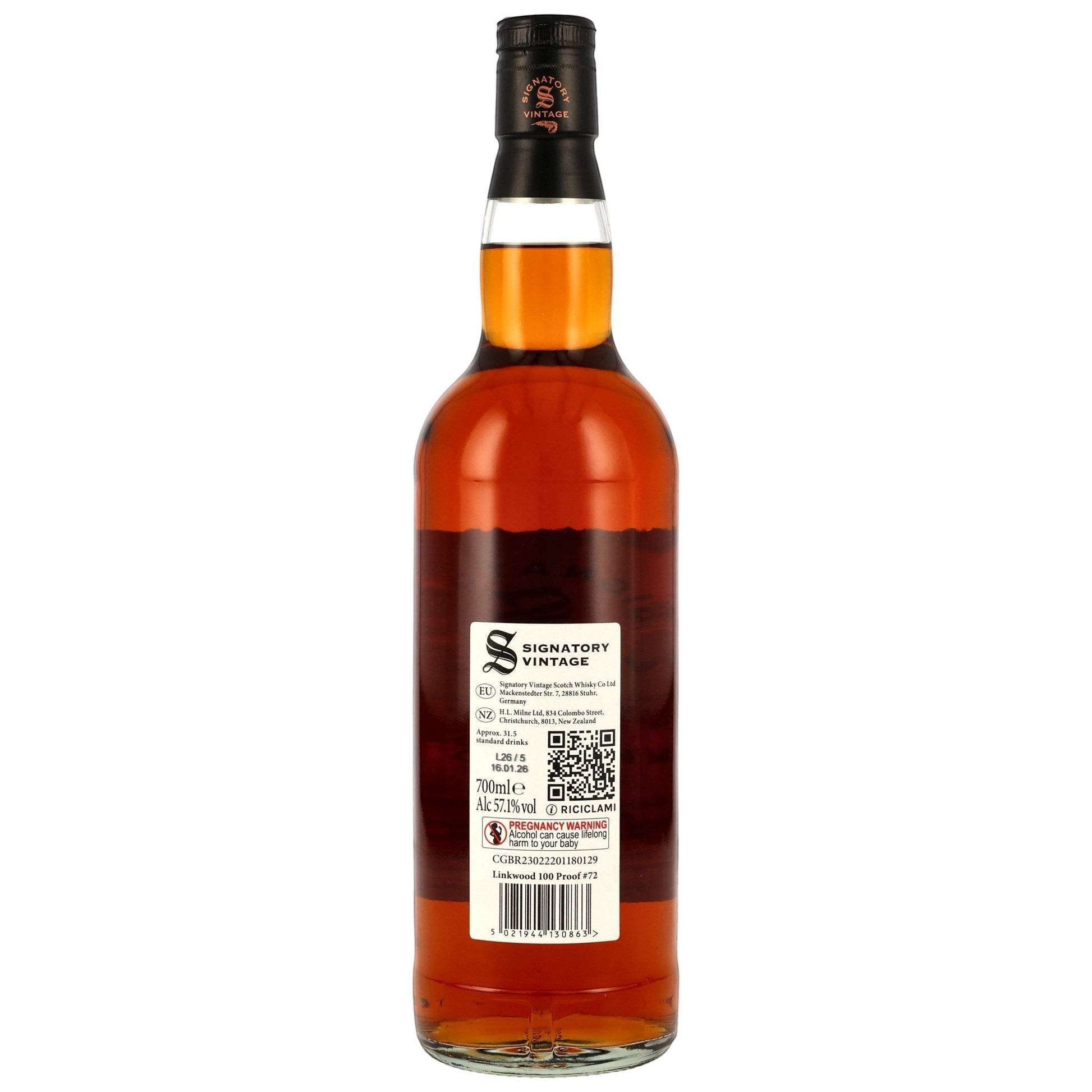 Schwarzbach Spirits Linkwood 14 Jahre Single Malt Whisky Flaschenrückseite mit Etikett der Signatory 100 Proof Edition