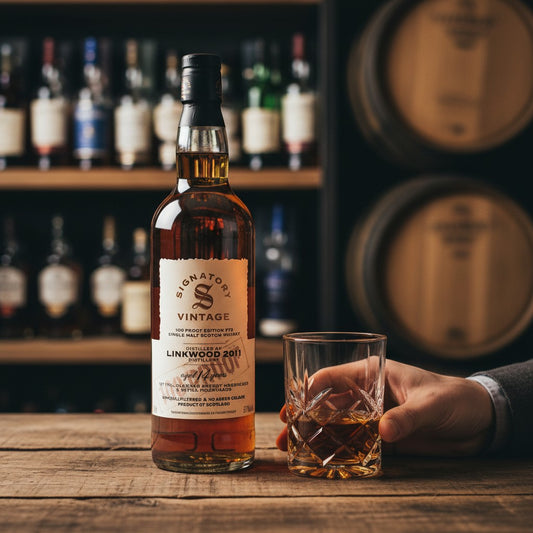 Schwarzbach Spirits Linkwood 14 Jahre Single Malt Whisky in einer Signatory Vintage Flasche mit Glas auf Holztisch