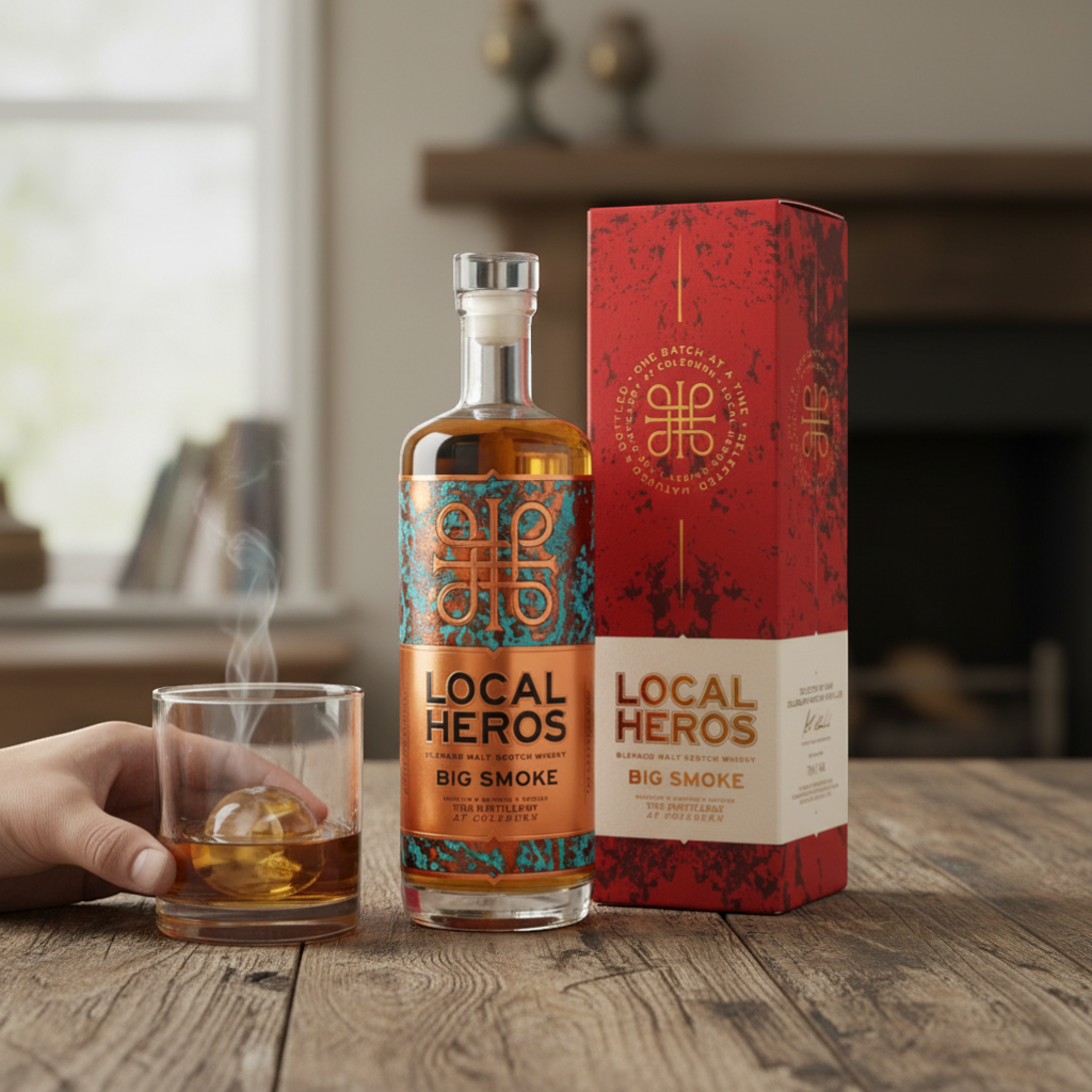 Schwarzbach Spirits Local Heros Big Smoke Blended Malt Scotch Whisky, 46% Vol. with intense peat smoke and cherry, vanilla notes.
