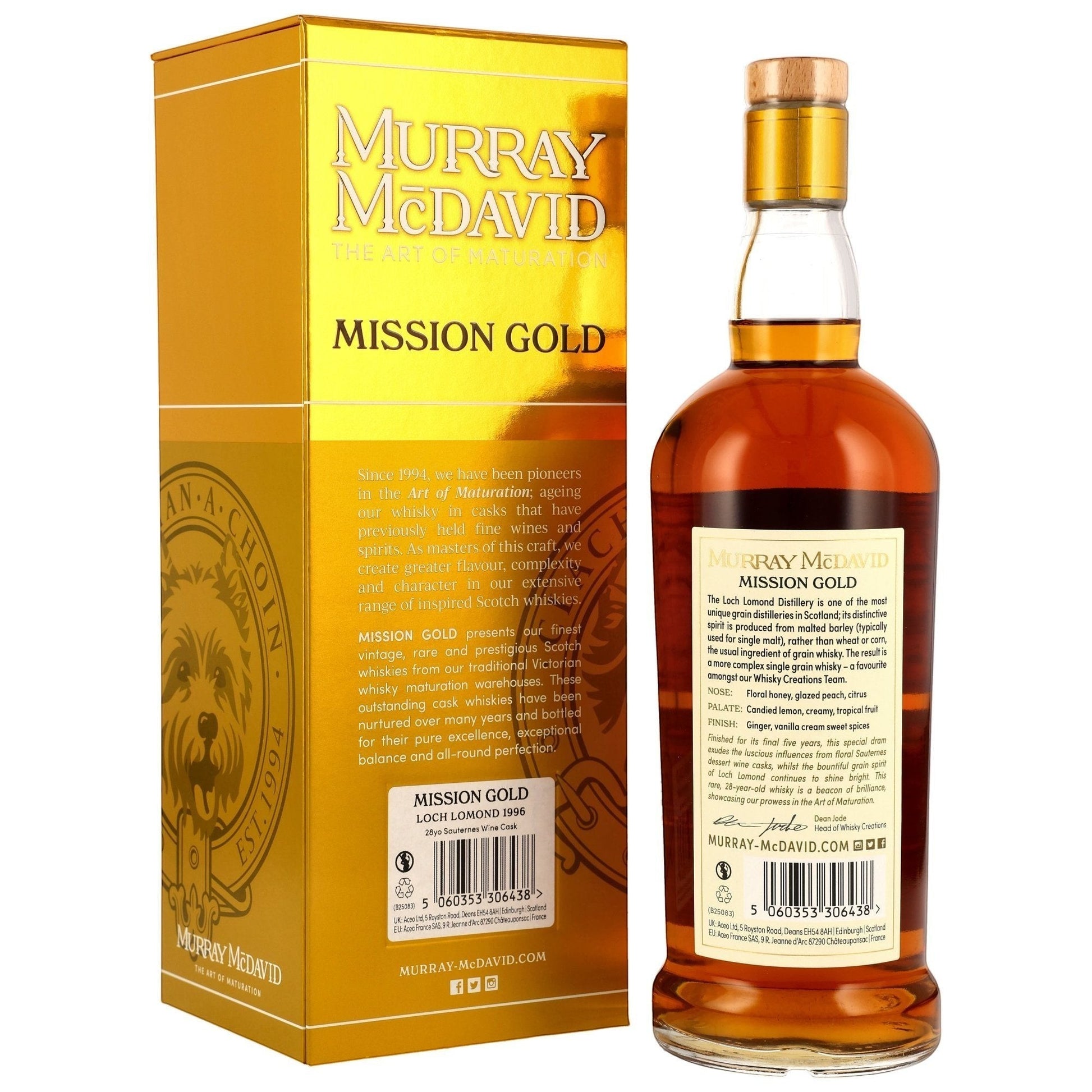 Schwarzbach Spirits Loch Lomond 28 Jahre Sauternes Cask Finish Single Malt Whisky bernsteinfarben in Glasflasche mit goldener Geschenkverpackung.
