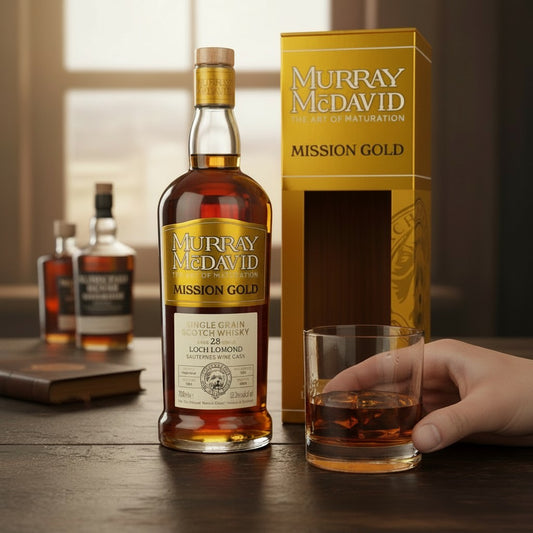 Schwarzbach Spirits Loch Lomond 28 Year Sauternes Cask Finish single malt Scotch whisky bottle and glass.