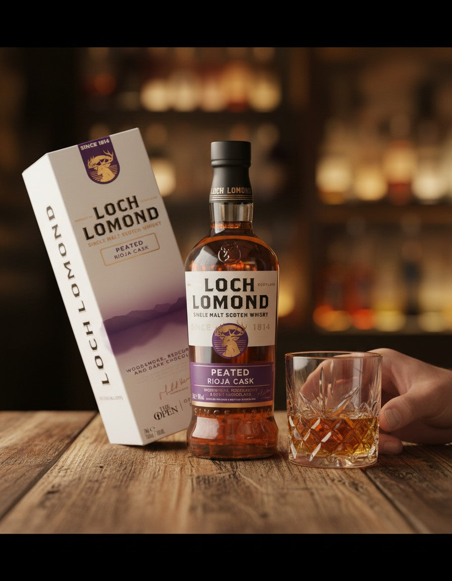 Schwarzbach Spirits Loch Lomond Peated Rioja Cask single malt Scotch whisky bottle and box. Amber liquid with purple and gold label.