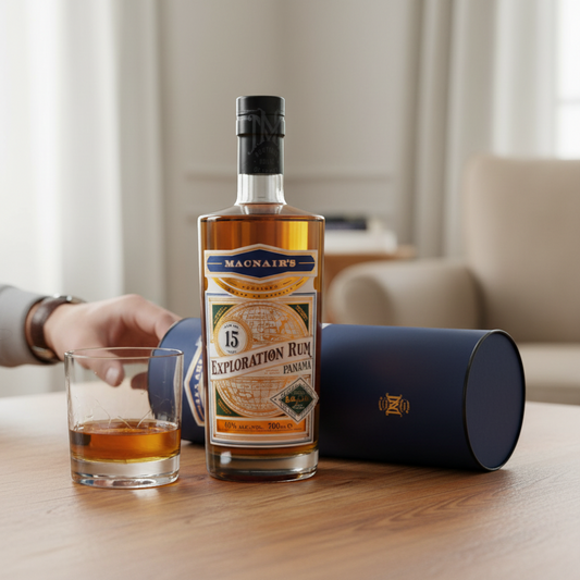 Schwarzbach Spirits MacNairs Exploration Panama 15 Year Old Rum, gold-bronze hue, 46% Vol. 700ml bottle and presentation tube.