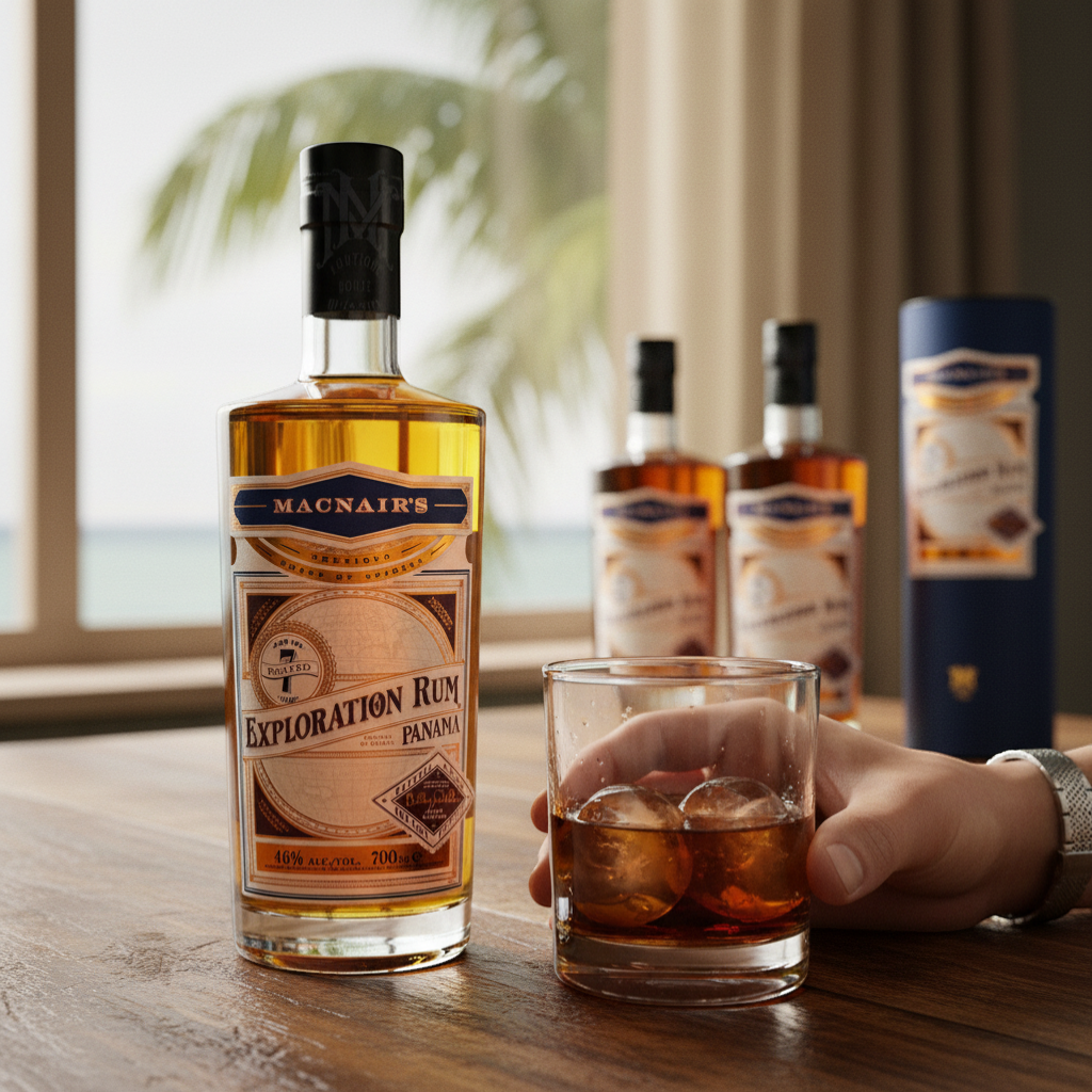 Schwarzbach Spirits MacNairs Exploration Panama 7 Year Peated Rum, 46% Vol. Aged rum with a golden amber color and smoky notes.