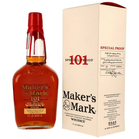 Schwarzbach Spirits: Maker's Mark 101 Proof Kentucky Straight Bourbon Whiskey in 1L bottle with 50.5% vol. and red wax seal.