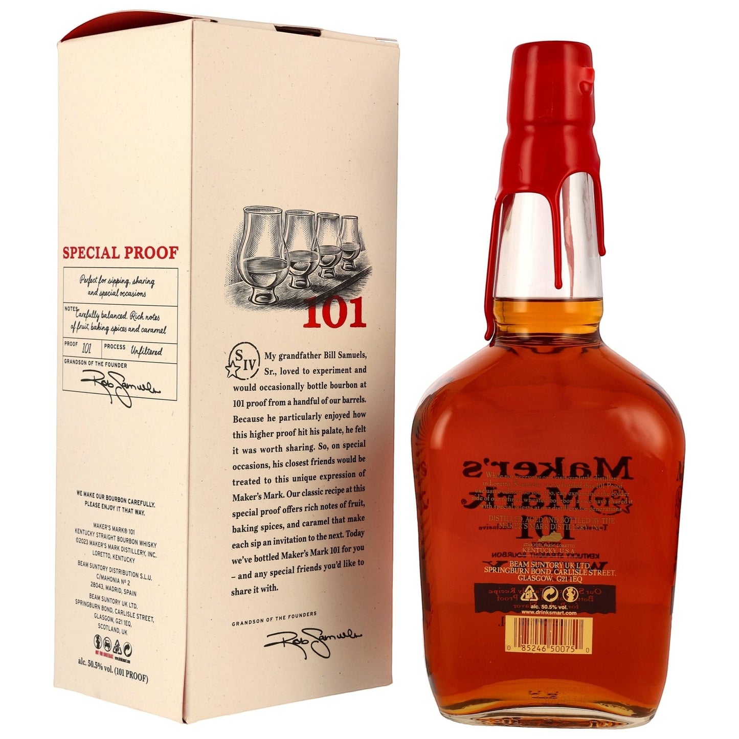Schwarzbach Spirits Maker's Mark 101 Proof Kentucky Straight Bourbon Whiskey in 1L bottle with red wax seal. Notes of fruit, baking spices, and caramel.