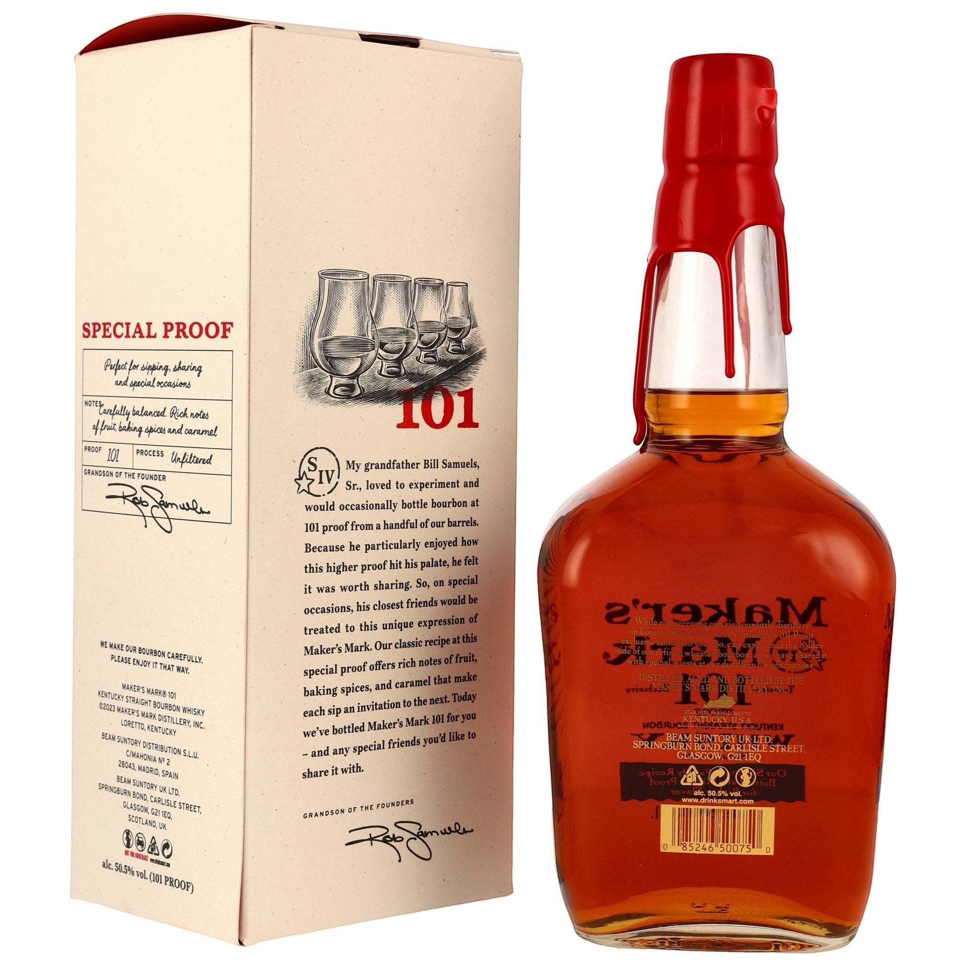 Schwarzbach Spirits Maker's Mark 101 Proof Kentucky Straight Bourbon Whiskey in 1L bottle with red wax seal. Notes of fruit, baking spices, and caramel.