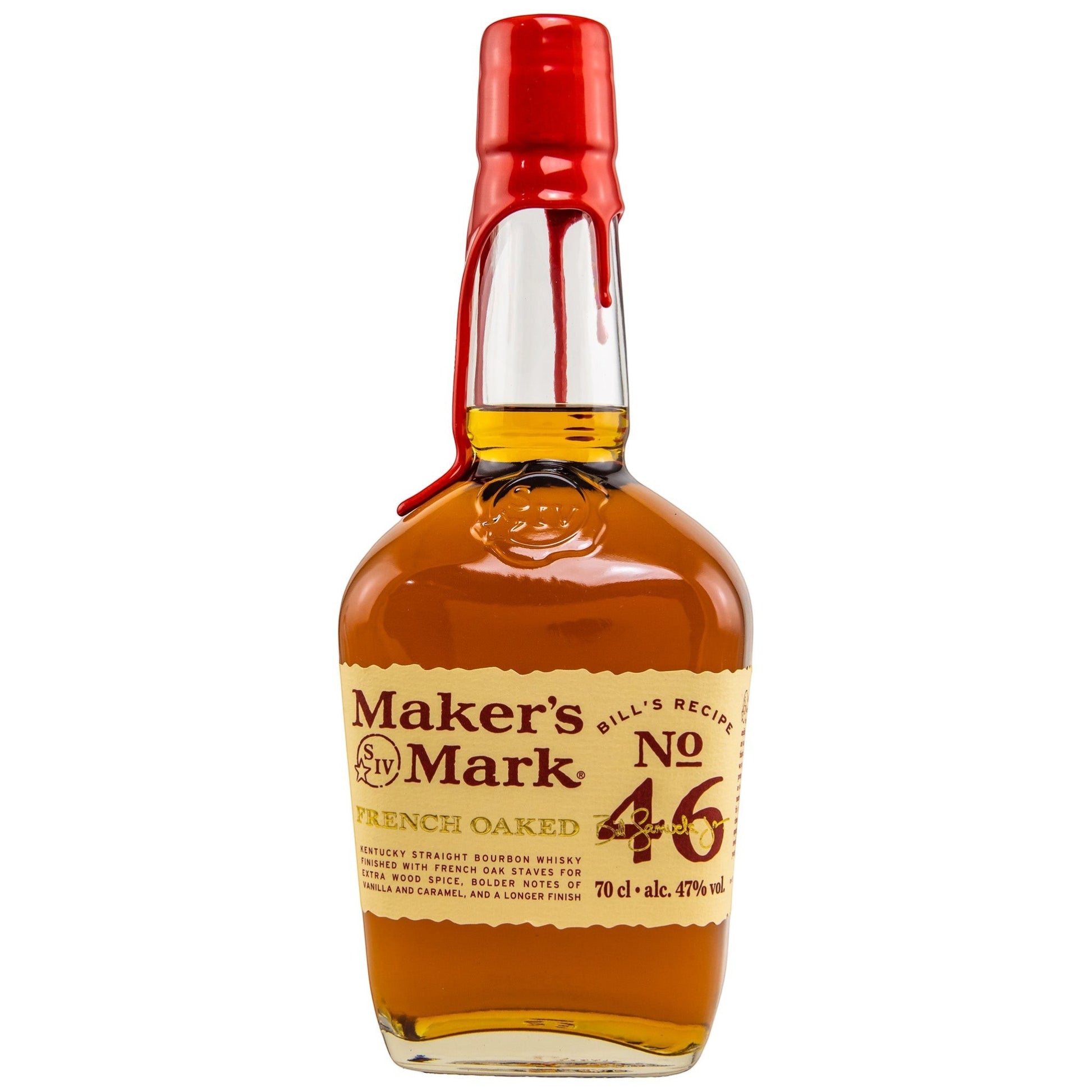 Schwarzbach Spirits Maker's Mark 46 Bourbon Whiskey mit 47% Vol. und rotem Wachssiegel.