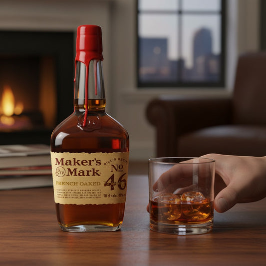 Schwarzbach Spirits Maker's Mark 46 Bourbon Whiskey in Glas mit Eis und Flasche auf Holztisch