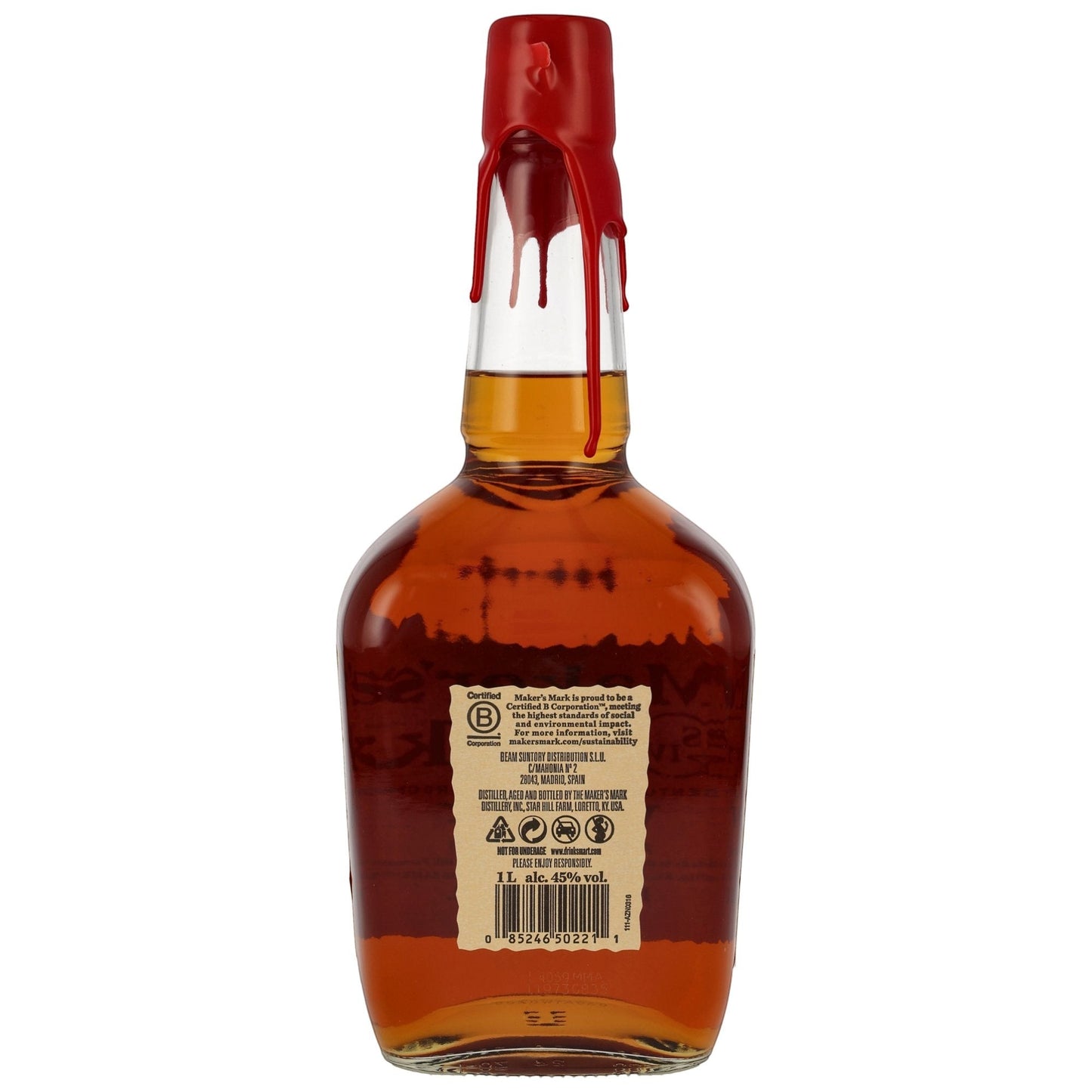Schwarzbach Spirits: Maker's Mark Kentucky Straight Bourbon 1L Flasche mit 45% Vol. und rotem Wachssiegel.