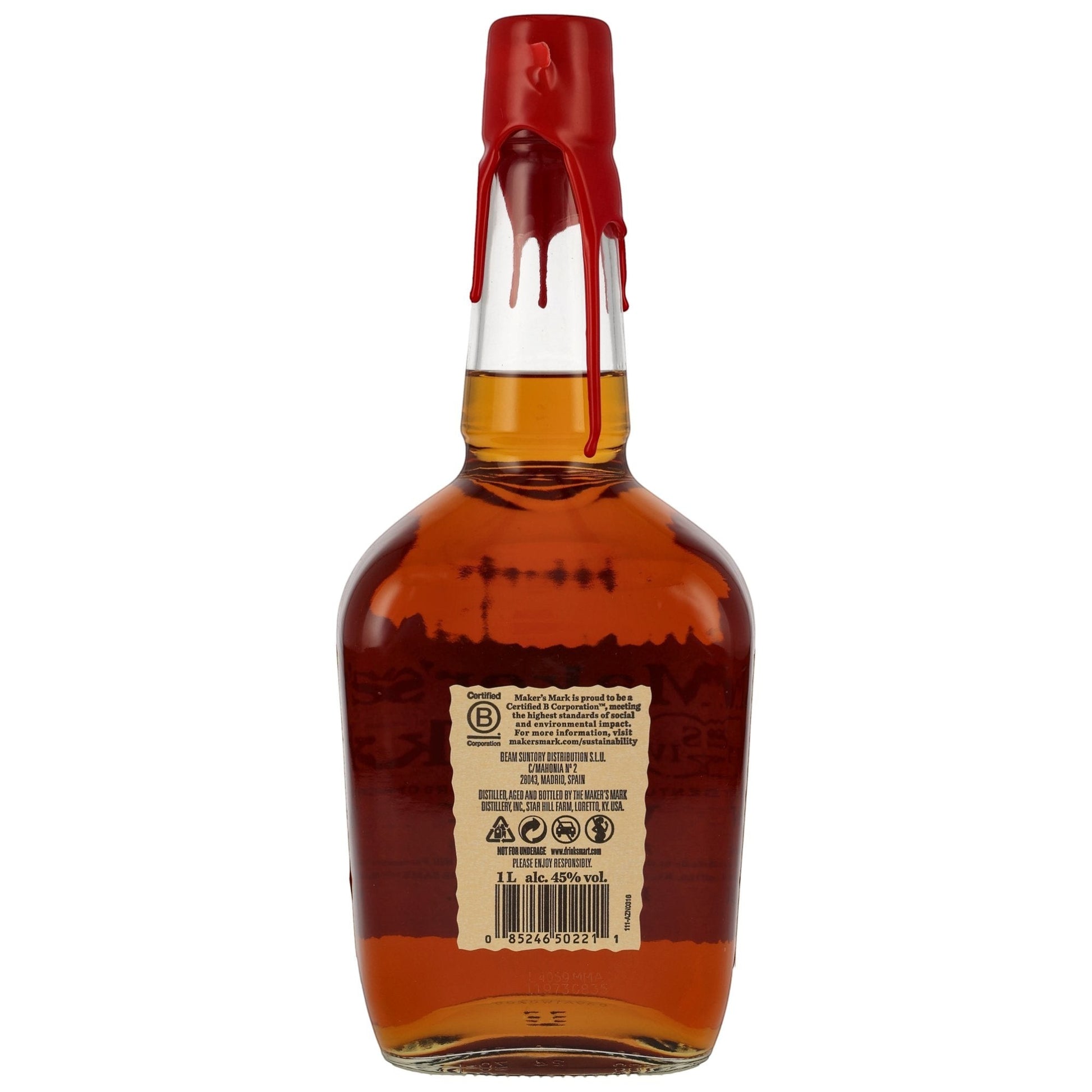 Schwarzbach Spirits: Maker's Mark Kentucky Straight Bourbon 1L Flasche mit 45% Vol. und rotem Wachssiegel.