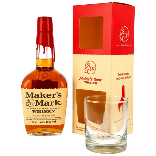 Schwarzbach Spirits: Maker's Mark Kentucky Straight Bourbon Whiskey Set mit Glas, 45% Vol., 70cl. Flasche mit rotem Wachssiegel und Becher.