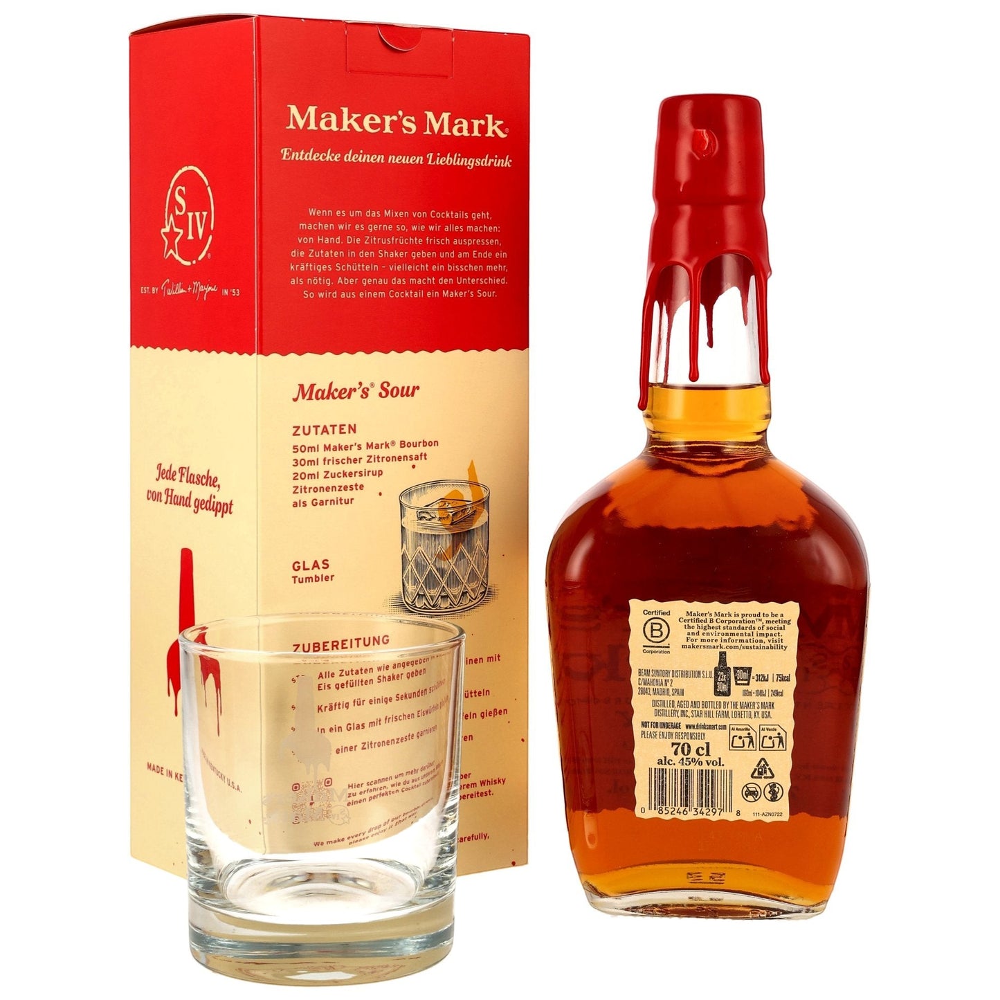 Schwarzbach Spirits Maker's Mark Kentucky Straight Bourbon Whiskey mit Glas, 45% Vol. Bernstein-farbener Bourbon in einer Glasflasche mit rotem Wachssiegel und passendem Tumbler-Glas.