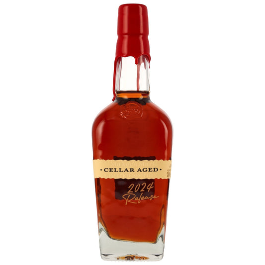Schwarzbach Spirits Maker's Mark Cellar Aged 2024 Release Bourbon, 59,7% Vol. in einer Glasflasche mit rotem Wachssiegel und gelbem Etikett.