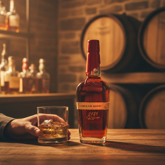 Schwarzbach Spirits Maker's Mark Cellar Aged 2025 Release Bourbon mit 56,5% Vol. und 0,7L Flasche mit rotem Wachssiegel.