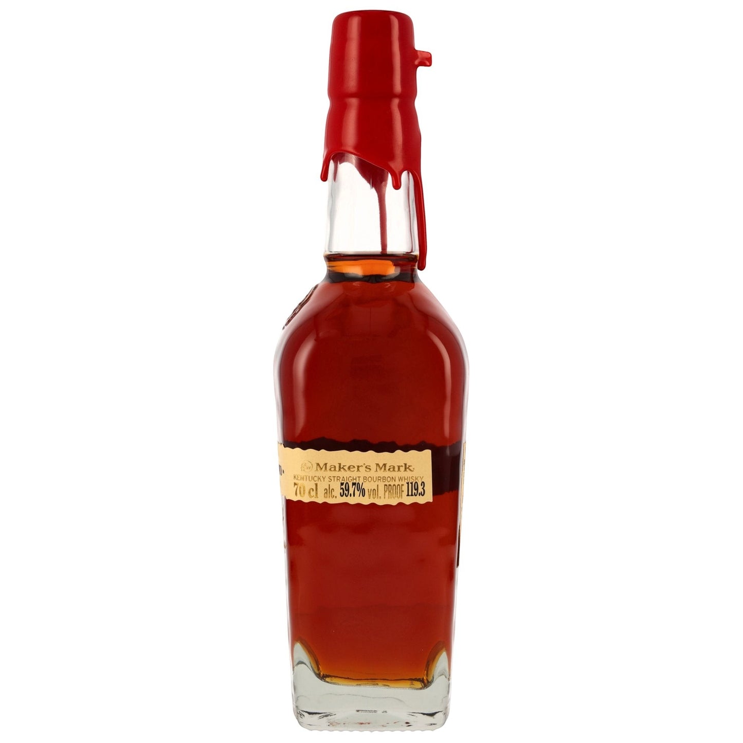 Schwarzbach Spirits Maker's Mark Cellar Aged Release 2024 Kentucky Straight Bourbon, 59,7% Vol. in einer Glasflasche mit rotem Wachssiegel.