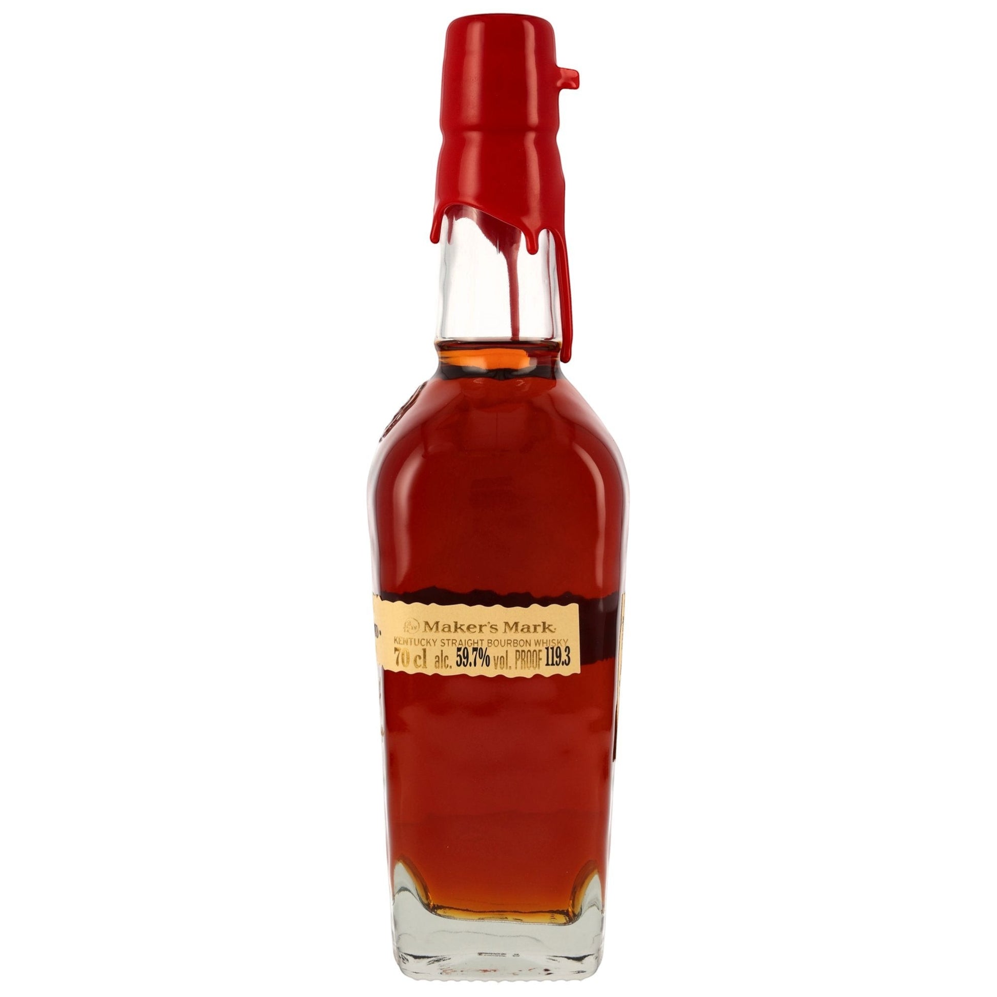 Schwarzbach Spirits Maker's Mark Cellar Aged Release 2024 Kentucky Straight Bourbon, 59,7% Vol. in einer Glasflasche mit rotem Wachssiegel.