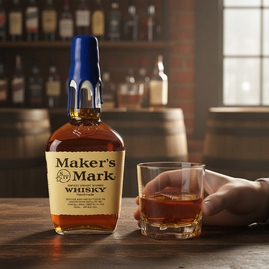 Schwarzbach Spirits Maker's Mark Double Dip Dodgers 60th Anniversary Bourbon Whiskey, 45% Vol., mit blauer und weißer Wachsversiegelung.