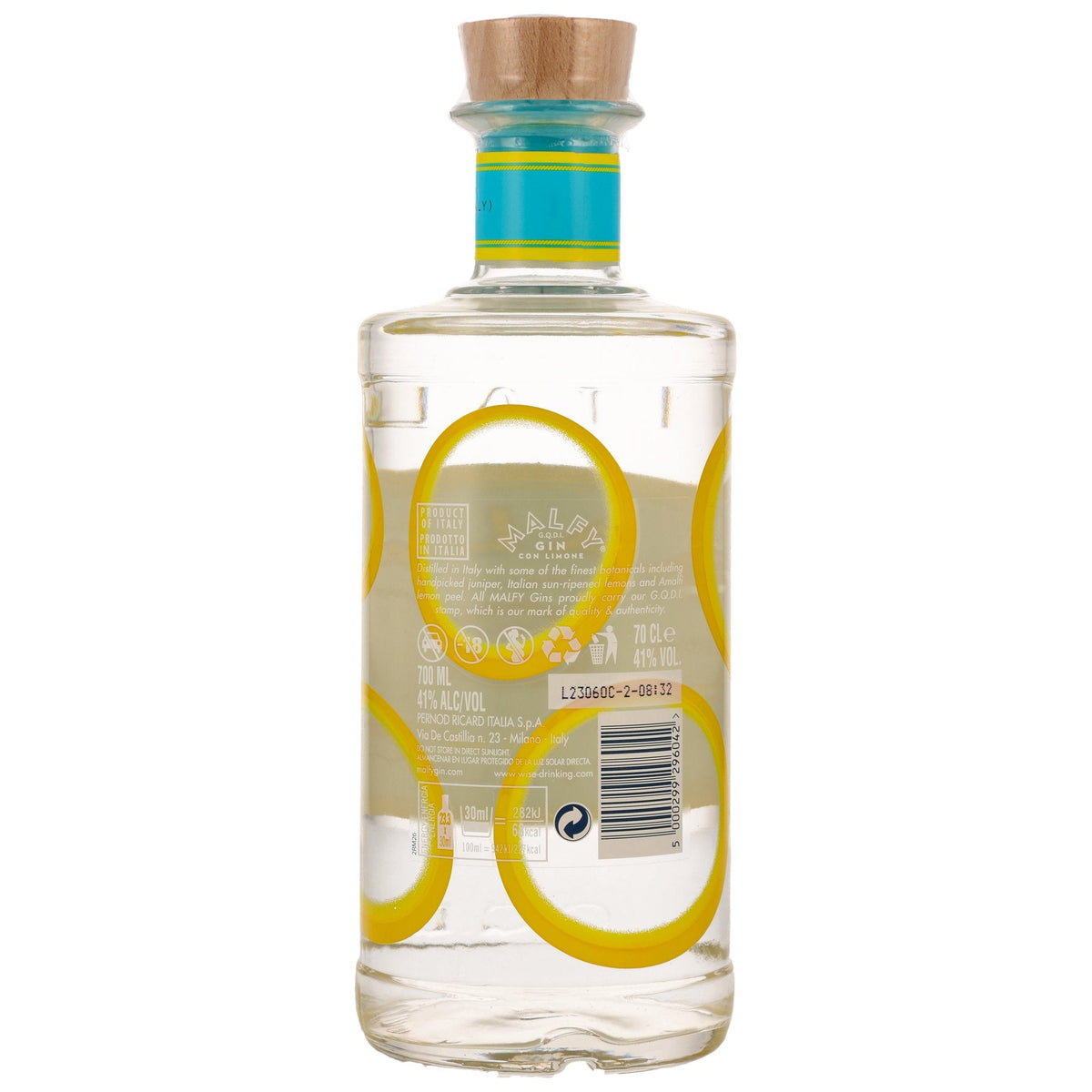 Schwarzbach Spirits Malfy Gin Con Limone Flaschenrückseite mit Etikett und Informationen zu Herkunft und Botanicals