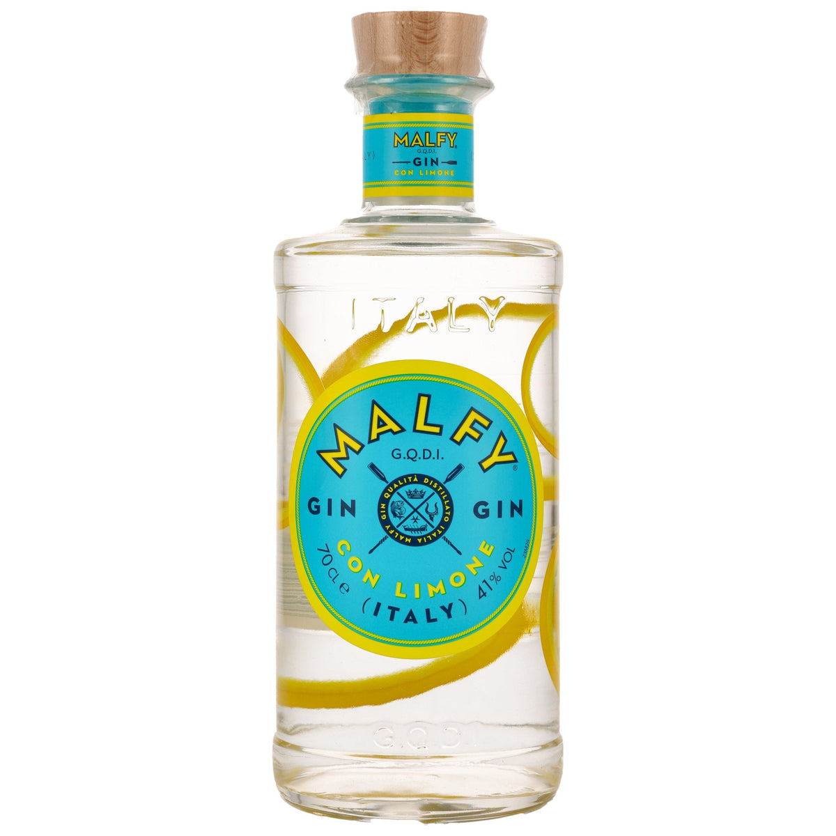 Schwarzbach Spirits Malfy Gin Con Limone in einer 0,7l Flasche mit gelb-blauem Etikett und Zitronen-Design.