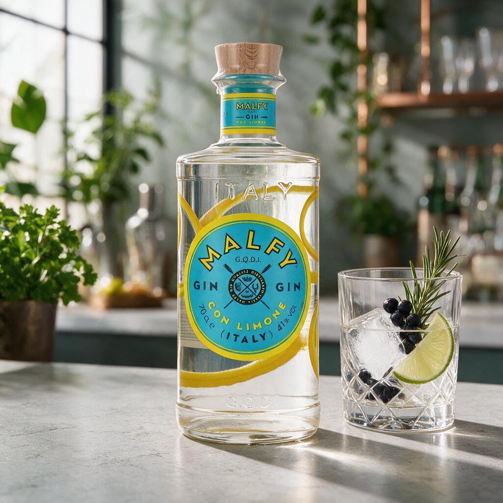 Schwarzbach Spirits Malfy Gin Con Limone Flasche mit Zitronenscheiben und Glas mit Wacholderbeeren auf Küchentheke