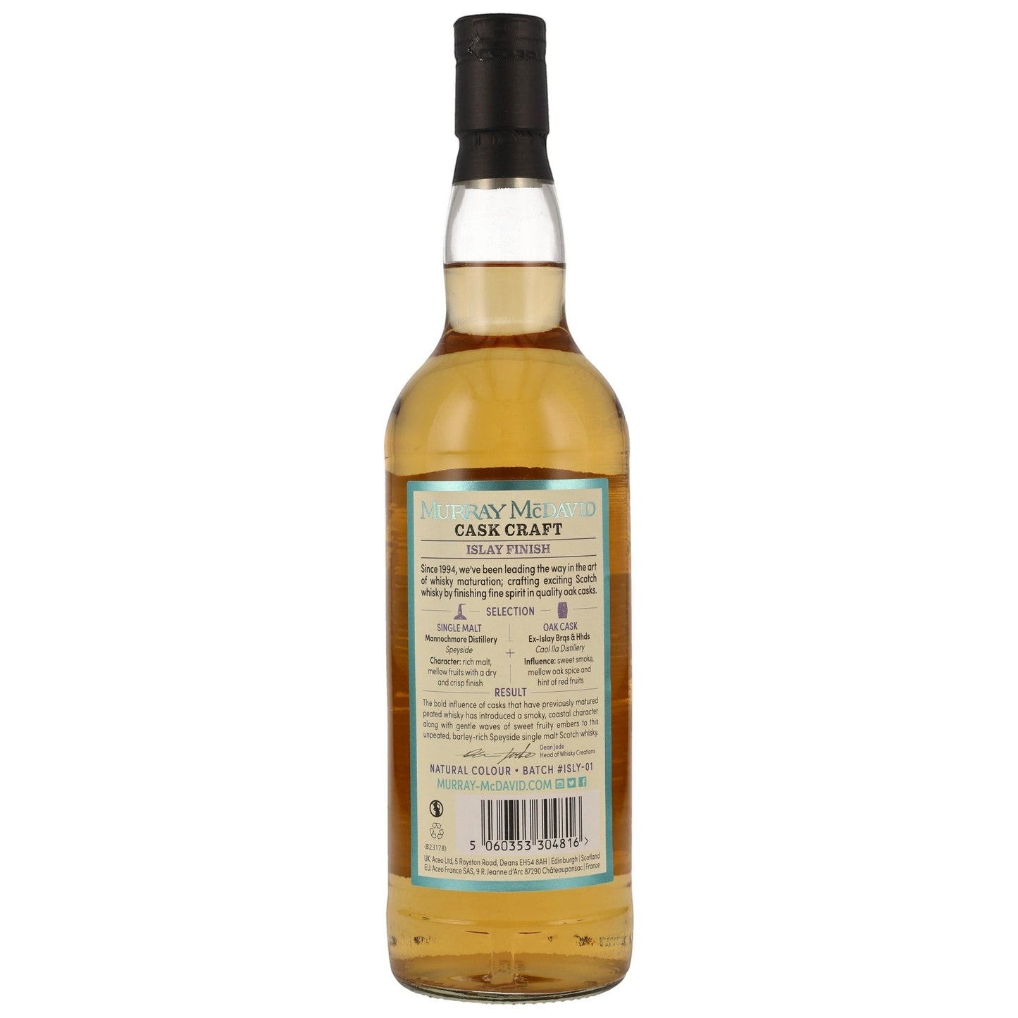 Schwarzbach Spirits präsentiert die Rückseite der Flasche Mannochmore Islay Cask Finish von Murray McDavid mit Etikett.