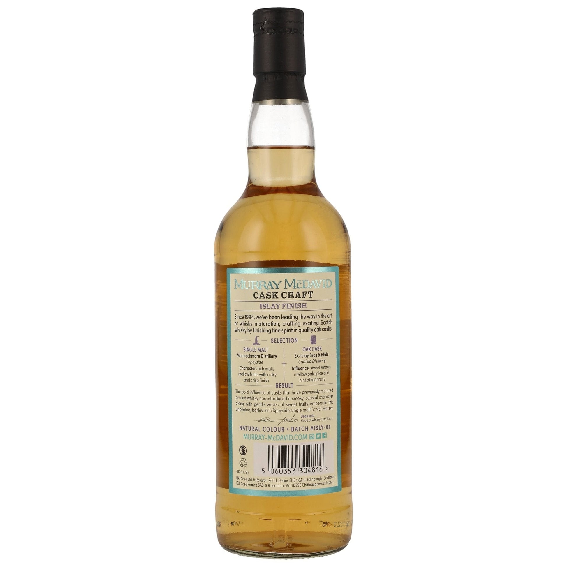 Schwarzbach Spirits präsentiert die Rückseite der Flasche Mannochmore Islay Cask Finish von Murray McDavid mit Etikett.