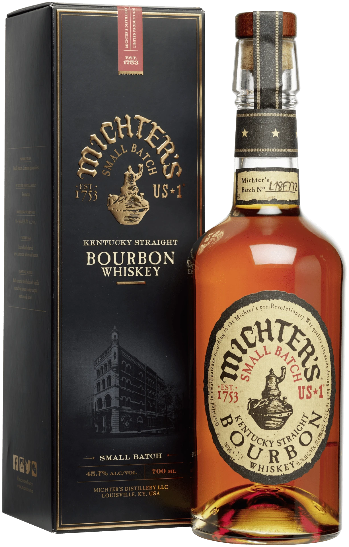 Schwarzbach Spirits: Michter's Small Batch Kentucky Straight Bourbon Whiskey, 45,7% Vol., 0.7L. Gold-farbenes Etikett mit historischem Motiv auf schwarzer Flasche und passender Geschenkverpackung.