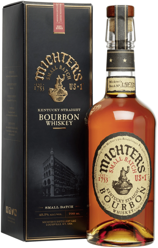 Schwarzbach Spirits: Michter's Small Batch Kentucky Straight Bourbon Whiskey, 45,7% Vol., 0.7L. Gold-farbenes Etikett mit historischem Motiv auf schwarzer Flasche und passender Geschenkverpackung.