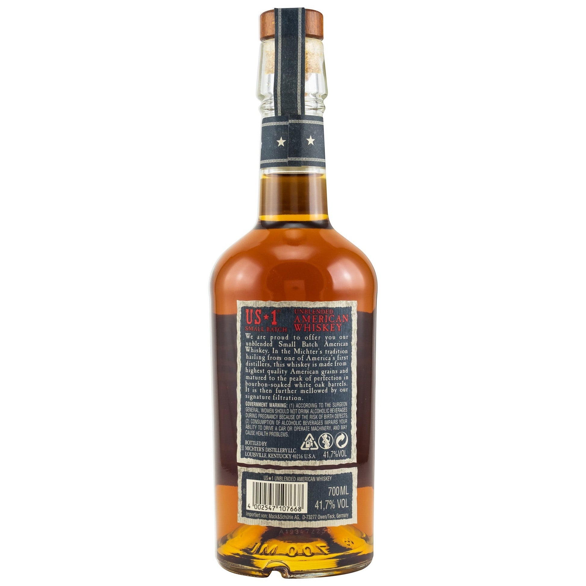 Schwarzbach Spirits MICHTER'S US-1 Unblended Small Batch American Whiskey, 41.7% Vol., 700ml. Amber liquid in a glass bottle with a blue label.