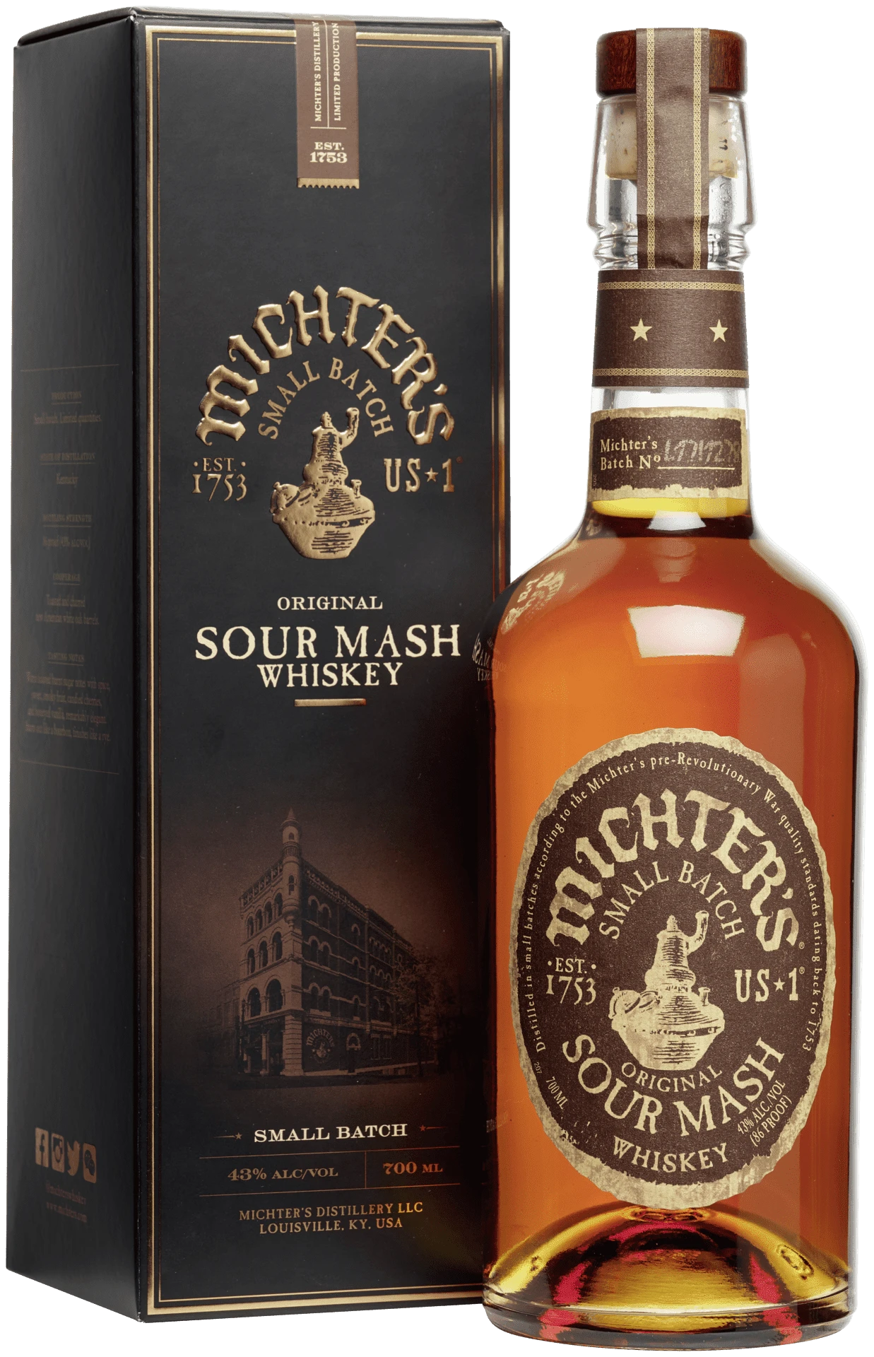 Schwarzbach Spirits: Michter's Original Sour Mash Whiskey 43% Vol. 700ml in einer braunen Glasflasche mit schwarzer Geschenkbox.