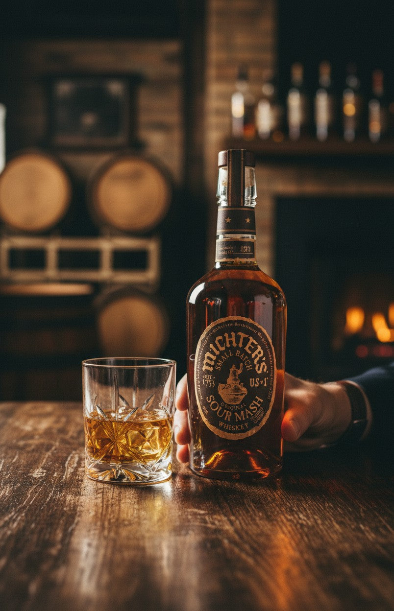 Schwarzbach Spirits: Michter's Original Sour Mash Whiskey 43% Vol. 700ml in einer braunen Glasflasche mit schwarzer Geschenkbox.