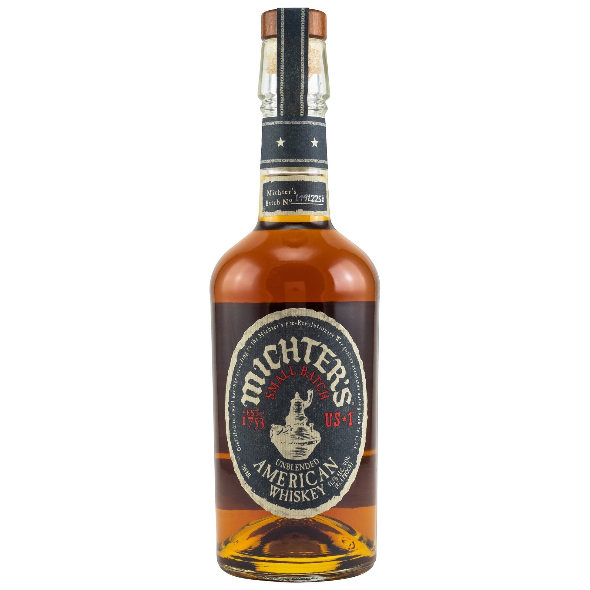 Schwarzbach Spirits Michter's Small Batch US-1 Unblended American Whiskey, 41.7% Vol., 700ml bottle with dark label and gold lettering.