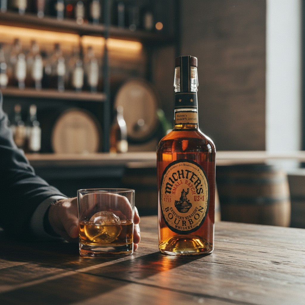 Schwarzbach Spirits Michter's Small Batch Kentucky Straight Bourbon Whiskey, 45.7% Vol., 0.7L, amber liquid, clear glass bottle, oval label with black and yellow details.