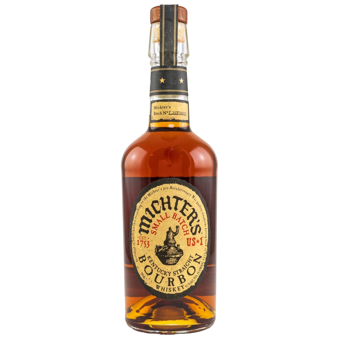 Schwarzbach Spirits Michter's Small Batch Kentucky Straight Bourbon Whiskey, 45,7% Vol., 0.7L. Amber liquid in a clear glass bottle with a black and yellow label.
